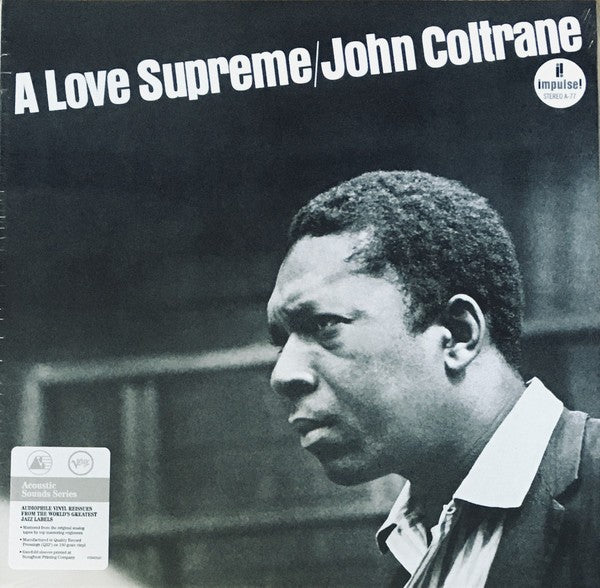 A Love Supreme by John Coltrane vinyl album cover with black and white portrait.