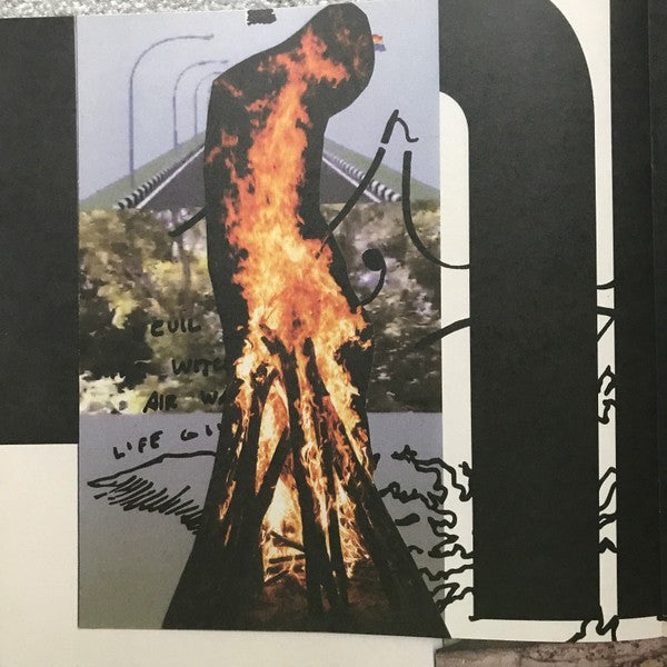 Abstract collage featuring a large burning wooden figure with flames, overlaid on a nature and bridge background, with handwritten text and bold graphic shapes.