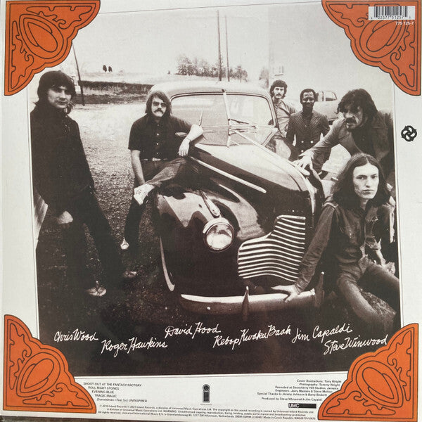 Vintage black and white photo of six men with a classic car, outdoors, vinyl record cover art