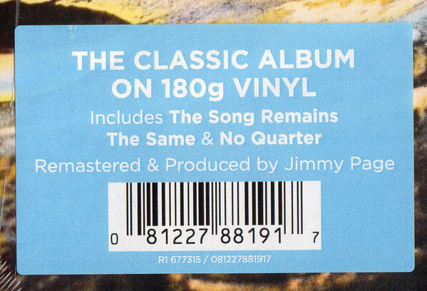 Blue album sticker highlighting classic 180g vinyl, song titles, barcode, remastered by Jimmy Page