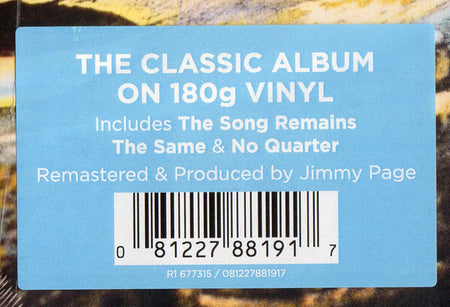 Blue album sticker highlighting classic 180g vinyl, song titles, barcode, remastered by Jimmy Page
