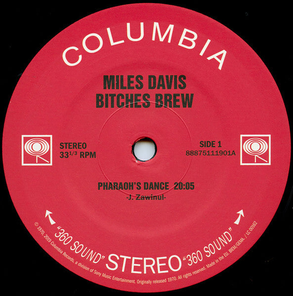 Miles Davis Bitches Brew vinyl record label, Columbia, Side 1, jazz album, red background