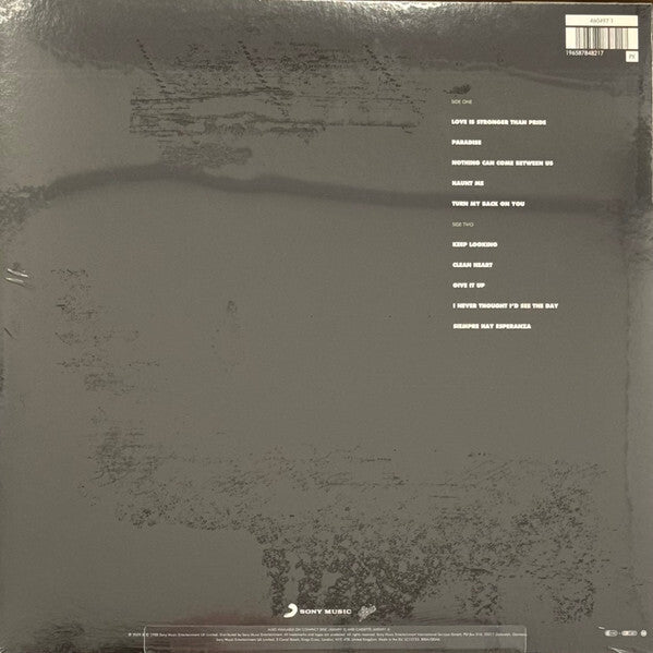Back cover of a vinyl record with tracklist and Sony Music logo on a dark background.