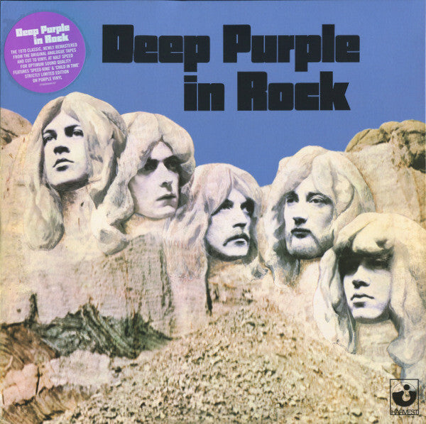 Deep Purple in Rock vinyl album cover featuring band members' faces sculpted into a mountain.