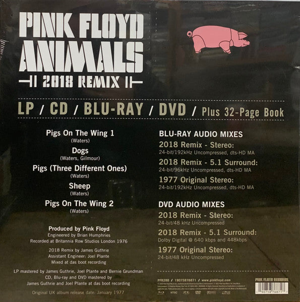 Pink Floyd Animals 2018 Remix LP CD Blu-ray DVD box set back cover with tracklist and audio mix details.