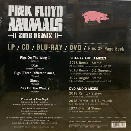 Pink Floyd Animals 2018 Remix LP CD Blu-ray DVD box set back cover with tracklist and audio mix details.