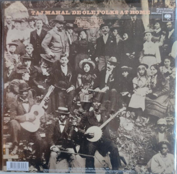 Sepia-toned Taj Mahal vinyl record cover with vintage group photo, two men playing guitar and banjo.