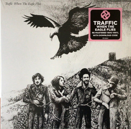 Traffic When The Eagle Flies vinyl record cover with black and white band illustration and soaring eagle.