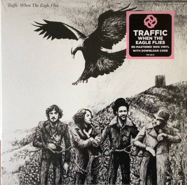 Traffic When The Eagle Flies vinyl record cover with black and white band illustration and soaring eagle.