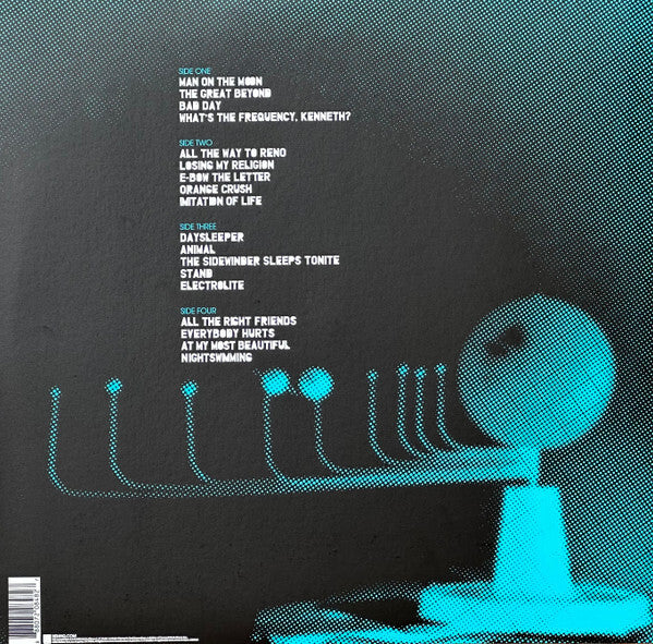 Back cover of vinyl record with blue abstract artwork and white tracklist text on black background