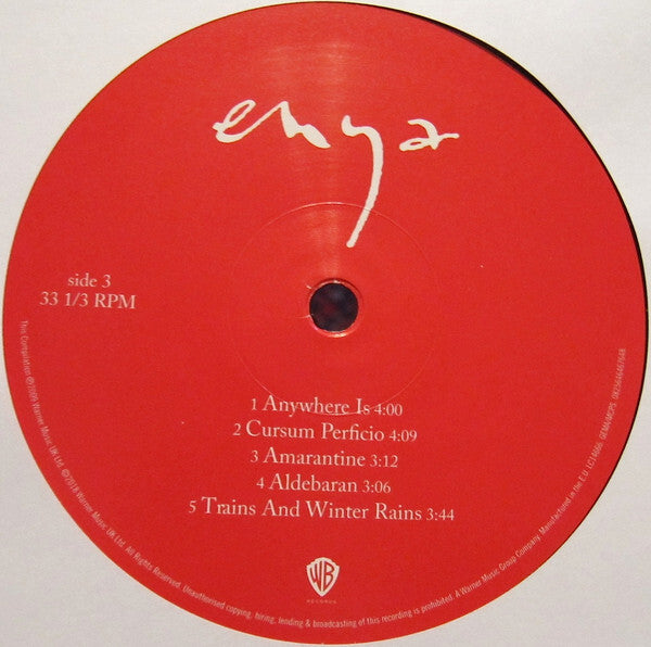 Enya vinyl record label, red background, side 3 song list and white artist signature.