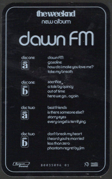 Tracklist for The Weeknd's Dawn FM album on black background, listing songs by side and disc.