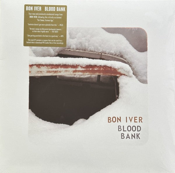 Bon Iver Blood Bank vinyl record cover, snowy car window, indie music album art