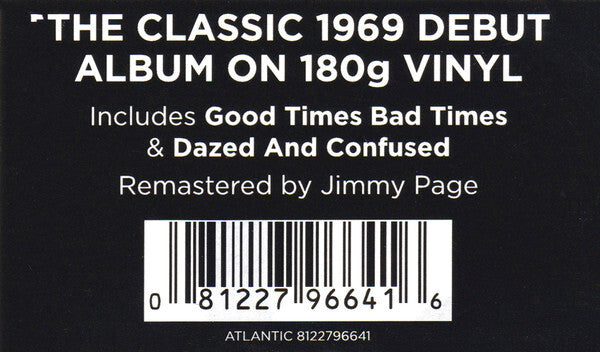 1969 debut album remastered vinyl sticker with track names, barcode, and Jimmy Page credit