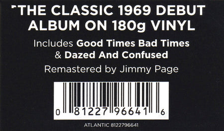 1969 debut album remastered vinyl sticker with track names, barcode, and Jimmy Page credit