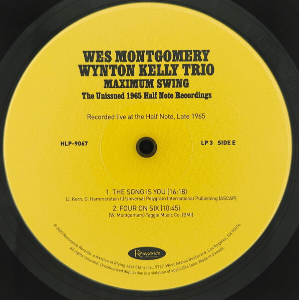 Yellow vinyl record label for Wes Montgomery, Wynton Kelly Trio, Maximum Swing album, tracklist visible.