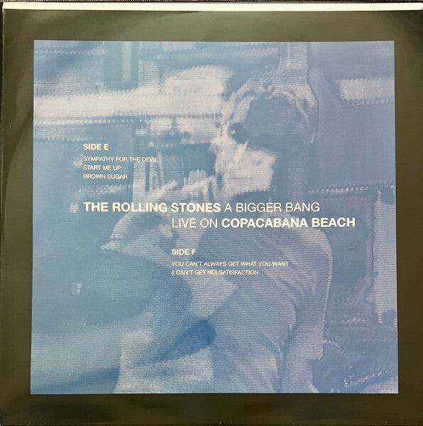 The Rolling Stones A Bigger Bang Live on Copacabana Beach vinyl record cover, blue-toned with text and band performance image.