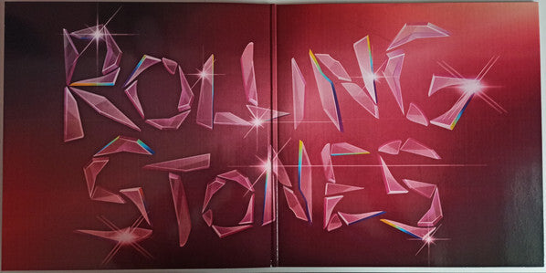 Rolling Stones album cover with crystal-style pink lettering on a red background