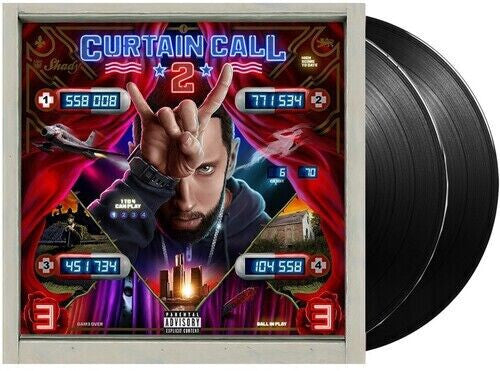 Curtain Call 2 vinyl records with colorful pinball-themed album cover featuring a person making a hand gesture.