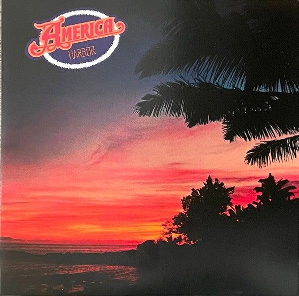 America Harbor vinyl record cover with palm trees and tropical sunset.