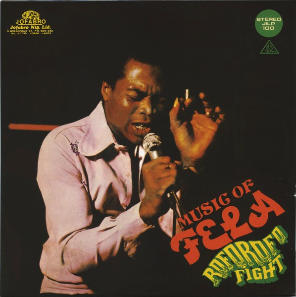 Vinyl record cover featuring singer performing with microphone and text 'Music of Fela Roforofo Fight'.
