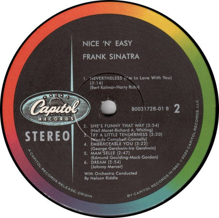 Frank Sinatra Nice 'N' Easy vinyl record label, Capitol Records, stereo, tracklist visible