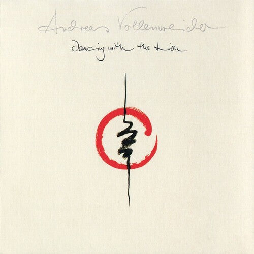 Minimalist vinyl album cover for 'Dancing with the Lion' with abstract red and black art.