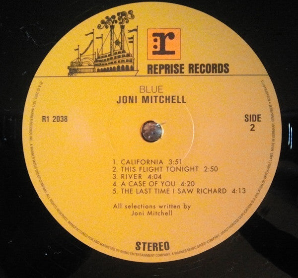Joni Mitchell Blue vinyl record label, Reprise Records, side 2 tracklist visible.