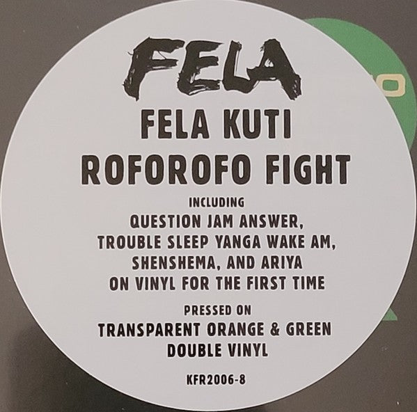 Fela Kuti Roforofo Fight vinyl record sticker with tracklist, transparent orange and green double vinyl.