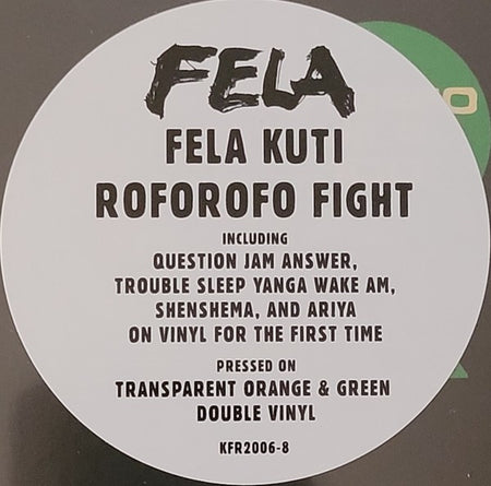Fela Kuti Roforofo Fight vinyl record sticker with tracklist, transparent orange and green double vinyl.