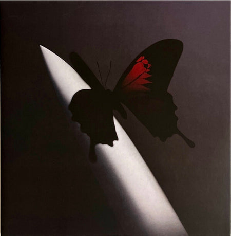 Vinyl record cover with a dark butterfly and red markings perched on a knife blade