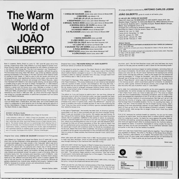 Back cover of João Gilberto's album The Warm World featuring tracklist, credits, and liner notes in English.