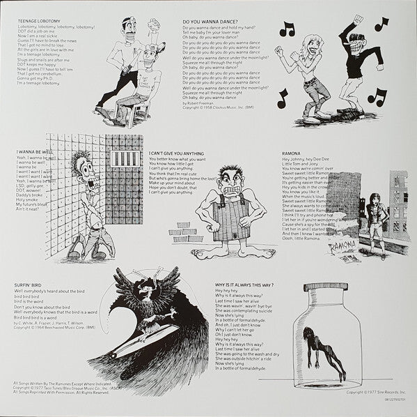 Black and white illustrated vinyl record insert with quirky cartoon drawings and song lyrics.