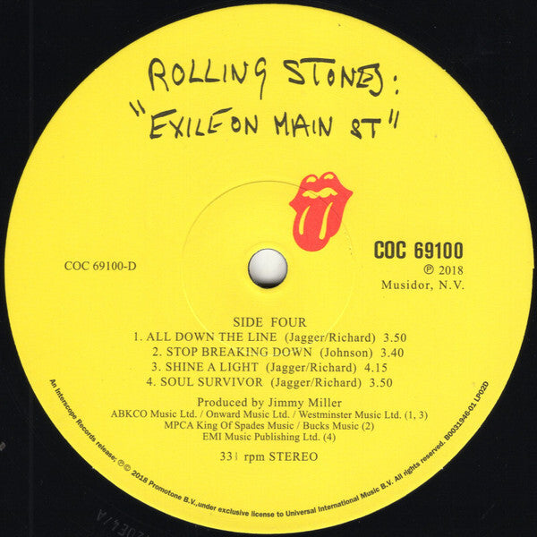 Rolling Stones Exile on Main St vinyl record label with tongue logo and tracklist