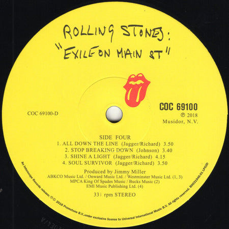 Rolling Stones Exile on Main St vinyl record label with tongue logo and tracklist