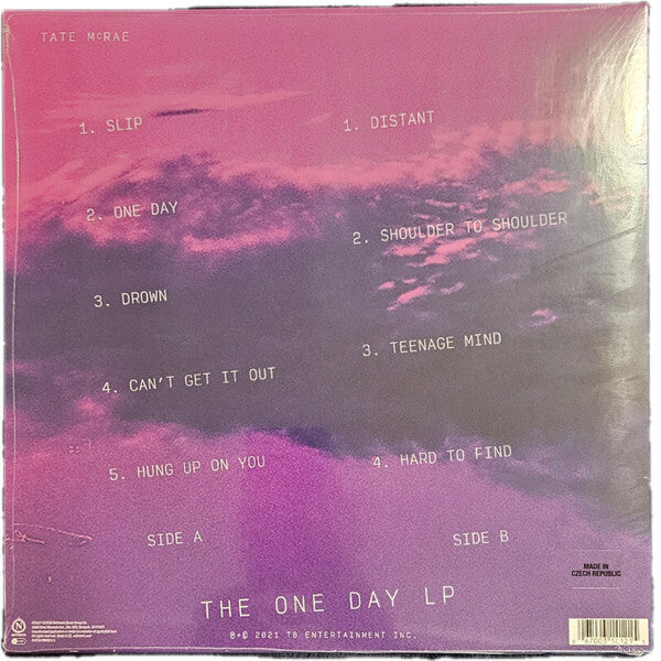 Back cover of vinyl LP with purple sky, tracklist for 'The One Day LP' by Tate McRae.