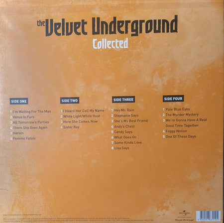 The Velvet Underground Collected vinyl album tracklist on orange background, featuring song titles for sides one through four.