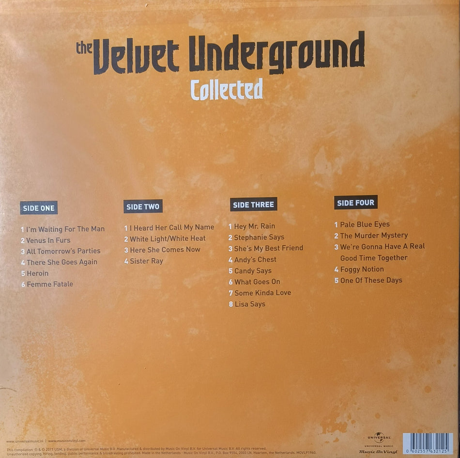 The Velvet Underground Collected vinyl album tracklist on orange background, featuring song titles for sides one through four.