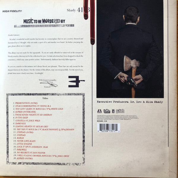 Vinyl record back cover with tracklist, a man in a suit holding an axe behind his back, music album design