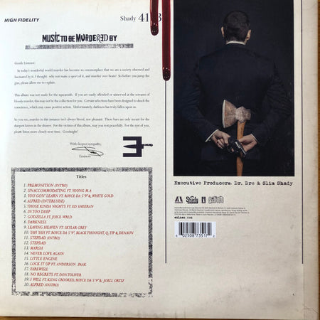 Vinyl record back cover with tracklist, a man in a suit holding an axe behind his back, music album design