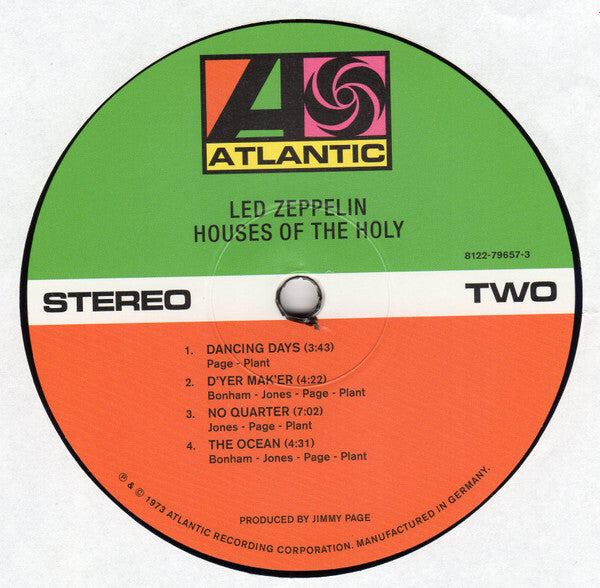 Led Zeppelin Houses of the Holy vinyl record label, Atlantic Records, side two tracklist
