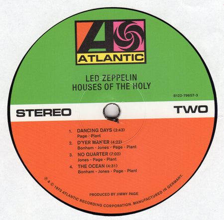Led Zeppelin Houses of the Holy vinyl record label, Atlantic Records, side two tracklist