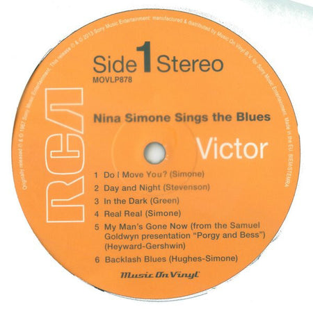 Nina Simone Sings the Blues vinyl LP label, RCA Victor, tracklist and orange record center.