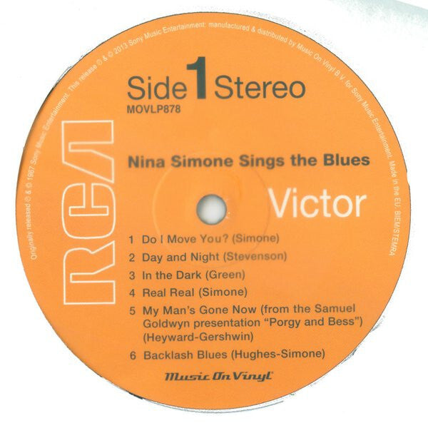 Nina Simone Sings the Blues vinyl LP label, RCA Victor, tracklist and orange record center.