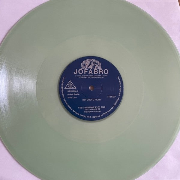 Mint green vinyl record labeled Jofabro, Fela Kuti, Roforofo Fight, Afrobeat music LP.