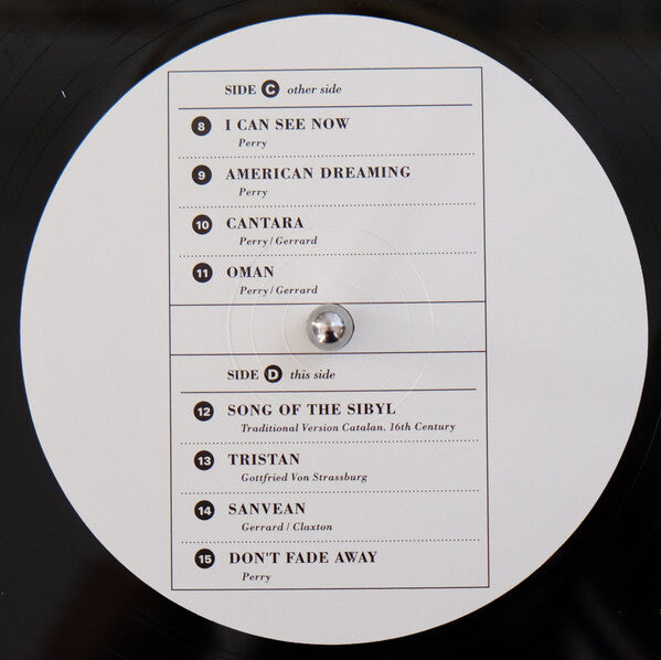 Close-up of vinyl record label listing track titles and artists for sides C and D.