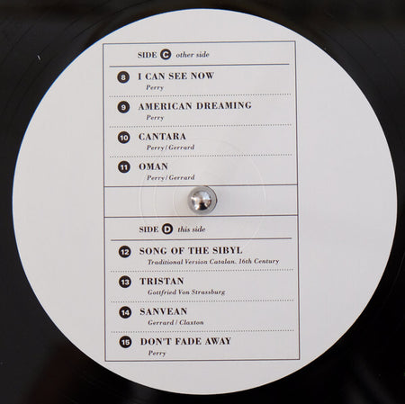 Close-up of vinyl record label listing track titles and artists for sides C and D.