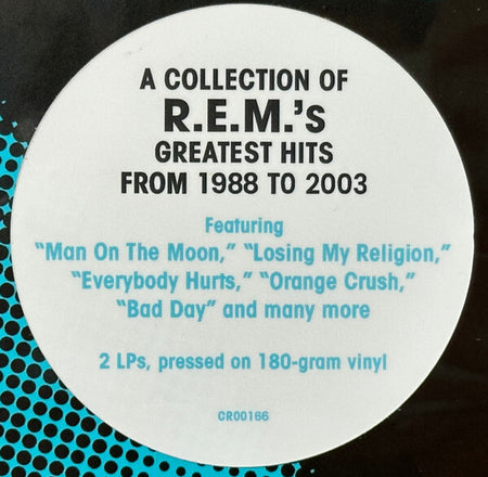 R.E.M. greatest hits vinyl sticker, 1988–2003, featuring Man on the Moon, Losing My Religion.