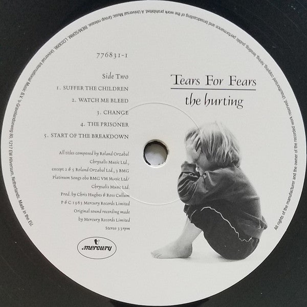 Tears For Fears The Hurting vinyl record label featuring tracklist and child artwork.