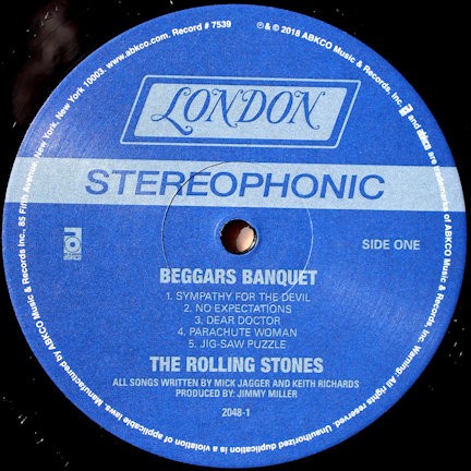 Blue vinyl record label for The Rolling Stones' Beggars Banquet album, side one, stereophonic edition.